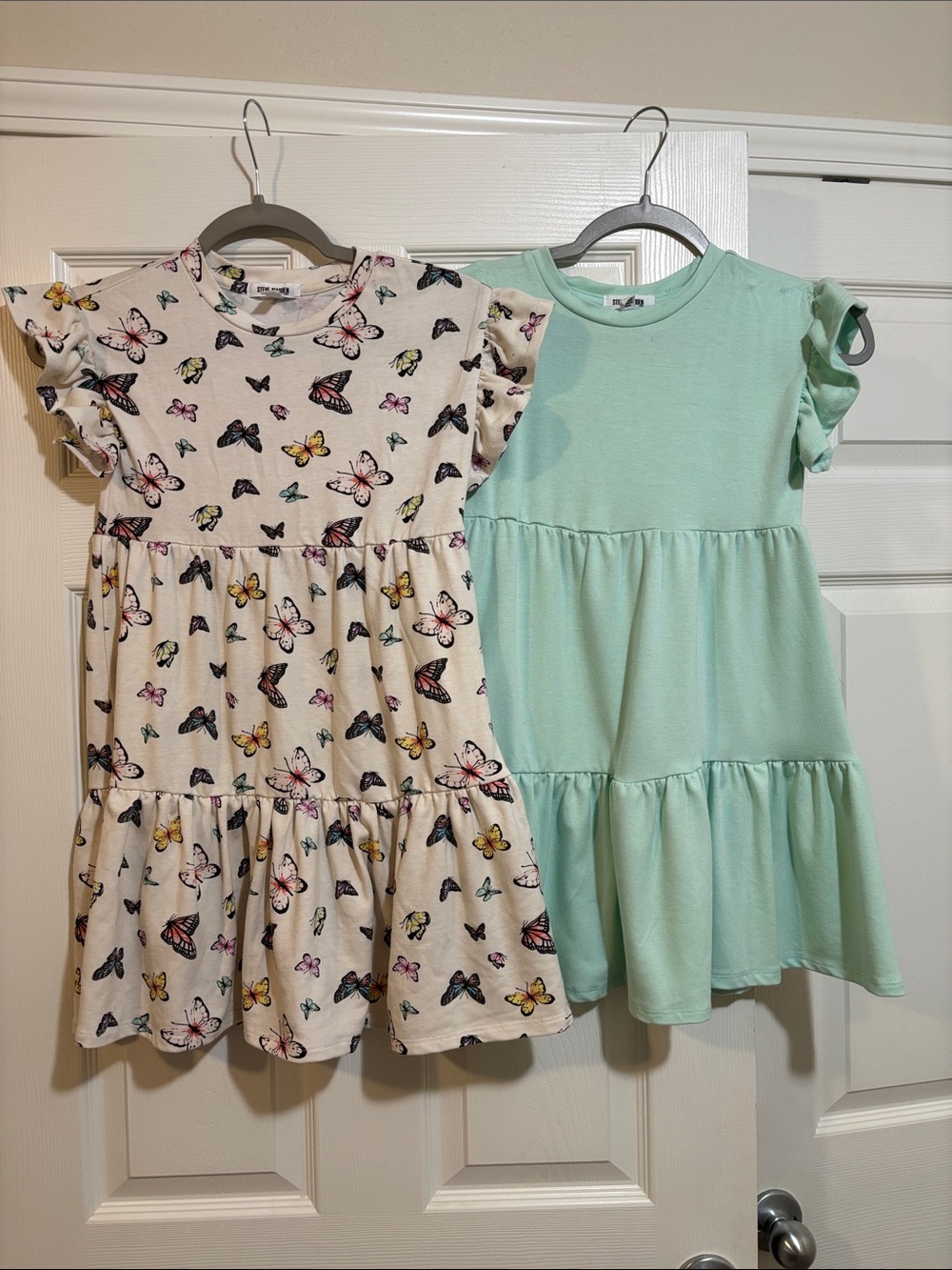 Girls' Mint Ruffle Tiered Dress | Butterfly Print Cotton Dress